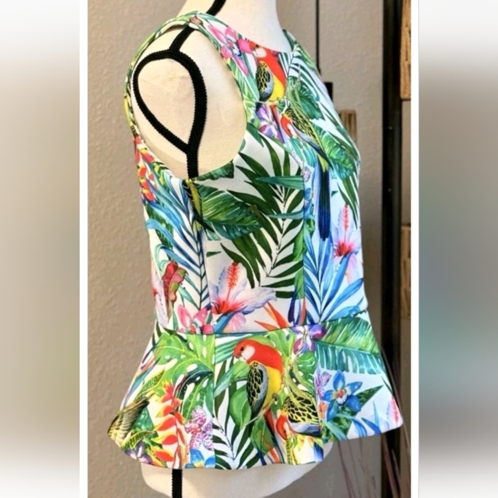 Boston Proper Tropical Green White Red Blue Plum Peplum Sleeveless Blouse Top S - Picture 4 of 7